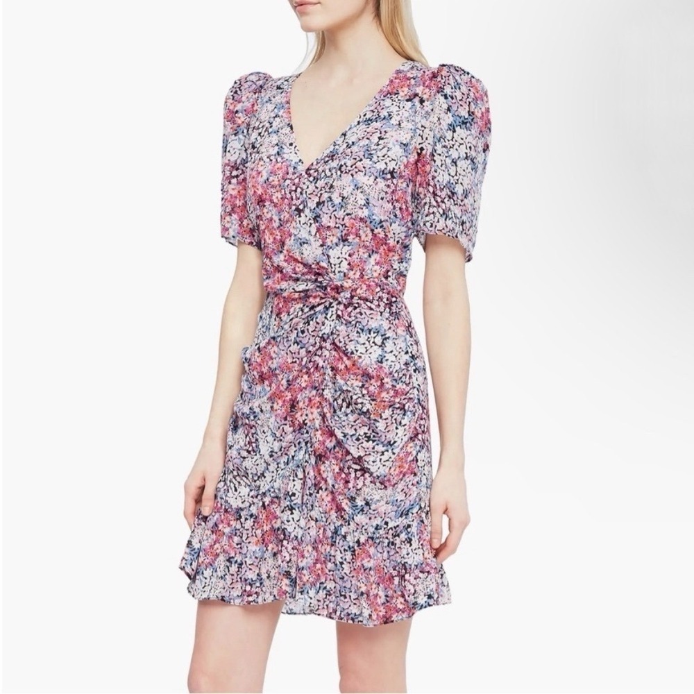 Parker 100% Silk Krislyn Floral Mini Dress 00 v neck puffed sleeve ruffle ruched